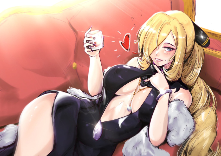 1girl alternate_costume alternate_hairstyle bare_shoulders black_dress blonde_hair blue_eyes bracelet breasts center_opening commentary couch covered_nipples cup cynthia_(pokemon) dress drink english_commentary evening_gown feather_boa formal fur_trim hair_ornament hair_over_one_eye heart highres holding holding_cup holding_drink jewelry large_breasts lips long_hair looking_at_viewer lying nail nail_polish necklace open_mouth parted_lips pokemon pokemon_(game) pokemon_dppt purple_nails smile solo teeth vialnite