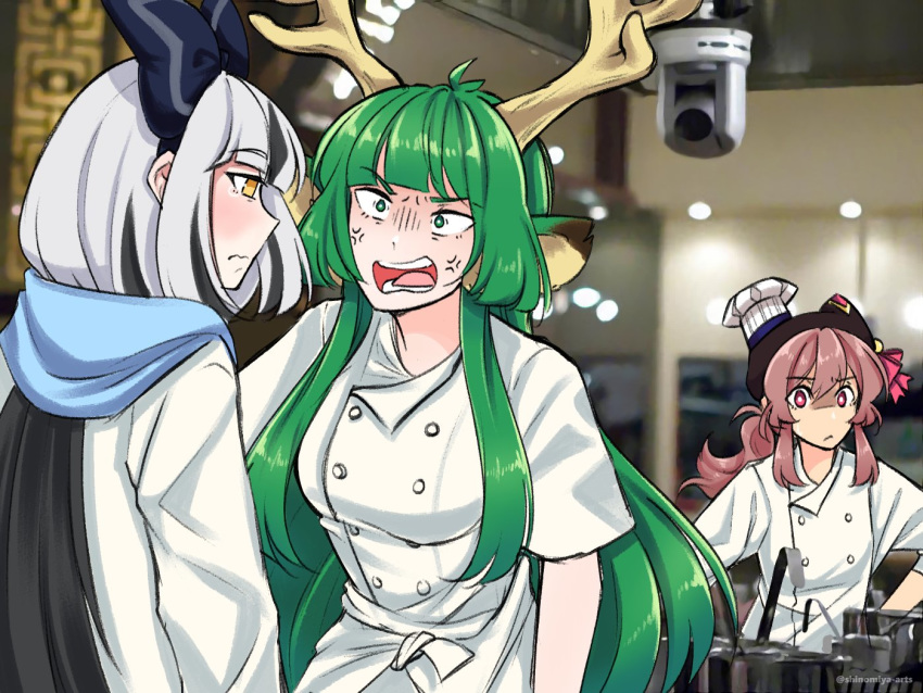 3girls anger_vein angry animal_ears antlers bangs black_bow black_hair bow breasts chef_hat english_commentary green_eyes green_hair grey_hair hair_bow haruka_karibu hat indie_virtual_youtuber kitchen long_hair medium_breasts moose_ears moose_girl multicolored_hair multiple_girls photo_background pink_eyes red_hair sanpaku shimae_yukino shinominya_(vtuber) shinomiya_arts shouting streaked_hair tied_hair very_long_hair virtual_youtuber yellow_eyes