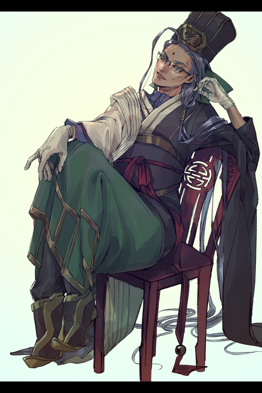 1boy absurdres ahoge chair chen_gong_(fate) chinese_clothes chinese_hat crossed_legs dark_skin dark_skinned_male facial_mark fate/grand_order fate_(series) forehead_mark full_body glasses gloves grey-framed_eyewear hat head_tilt highres long_hair male_focus noka_(noka8103) purple_eyes purple_hair simple_background sitting solo upper_body white_background white_gloves