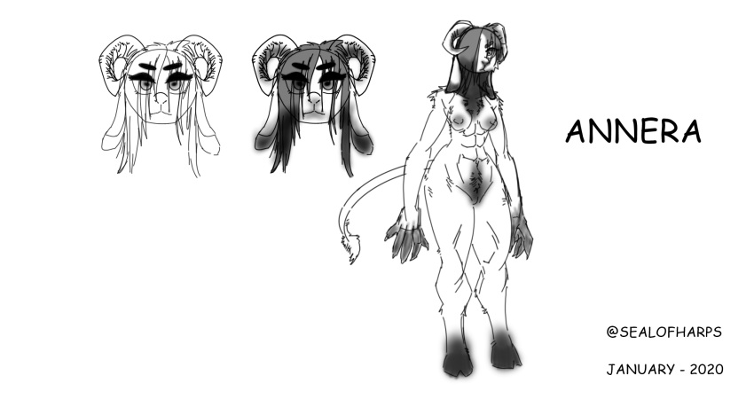 abs annera anthro baphomet_(disambiguation) big_muscles black_and_white black_hair bovid breasts caprine claws demon eyeliner eyeshadow female fingernails fluffy fur genitals goat goatdemon goth hair harpseal hi_res hooves horizontal_pupils horn long_arms long_ears long_hair long_tail looking_at_viewer makeup mammal model_sheet monochrome multicolored_body multicolored_fur muscular muscular_anthro muscular_female nails navel pubes pupils pussy small_breasts solo standing tail_tuft thick_thighs tuft two_tone_body two_tone_fur wide_hips