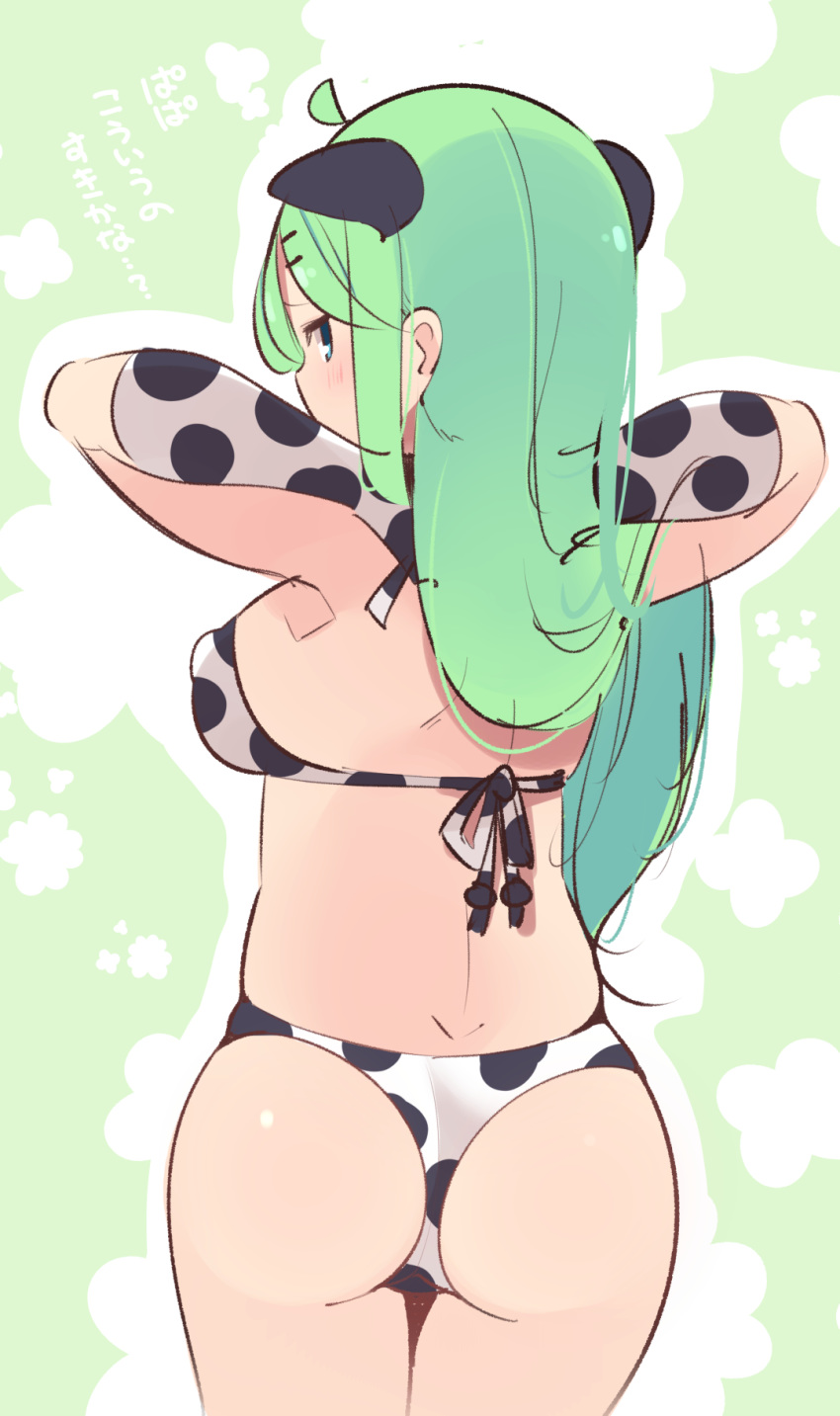 1girl animal_ears animal_print ass back bikini blue_eyes blush breasts cow_ears cow_print cowboy_shot elbow_gloves from_behind gloves green_hair hands_in_hair highres kantai_collection long_hair looking_back medium_breasts solo suzuki_toto swimsuit translation_request white_bikini white_gloves yamakaze_(kantai_collection)