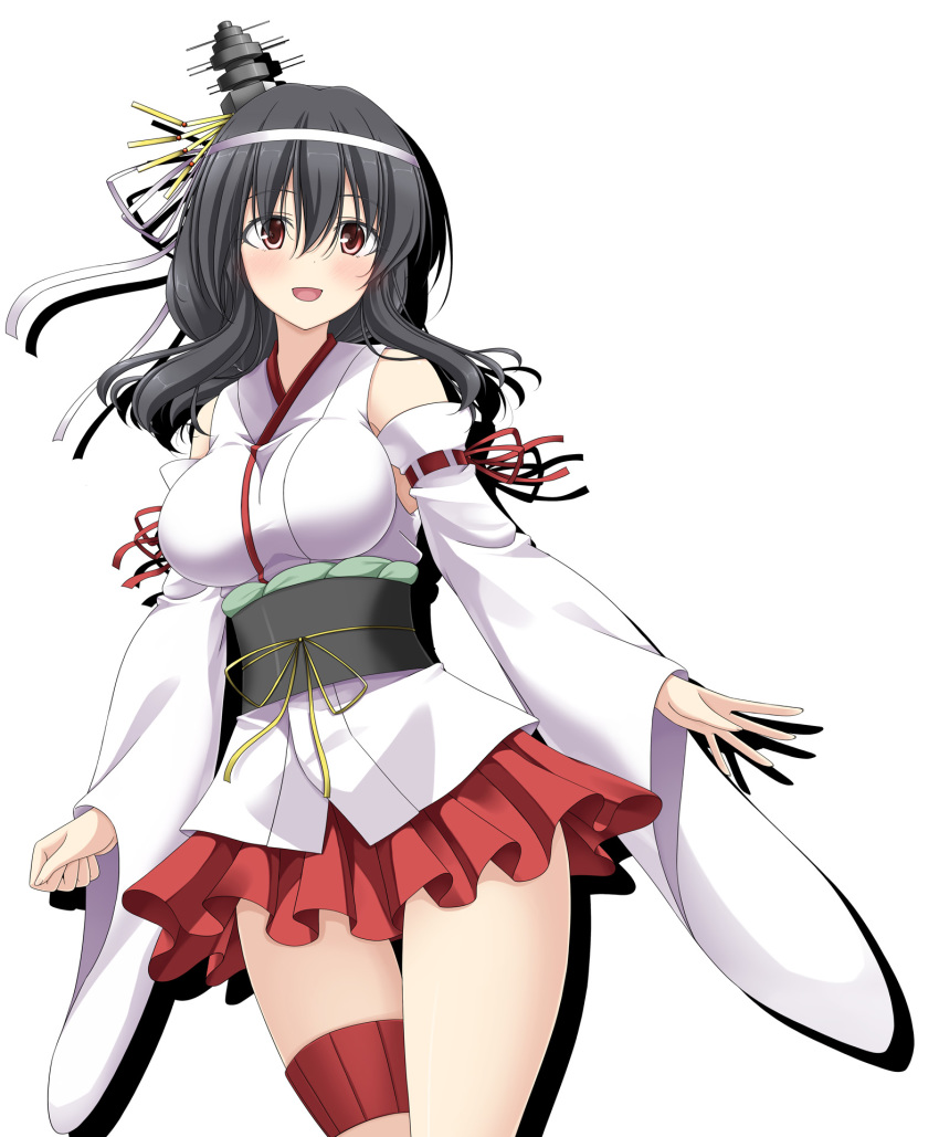 1girl black_hair breasts brown_eyes clenched_hand commentary_request detached_sleeves hair_between_eyes hair_ornament highres kantai_collection large_breasts long_hair looking_at_viewer nontraditional_miko obi open_mouth rappa_(rappaya) remodel_(kantai_collection) sash sidelocks smile solo tasuki thigh_strap upper_body white_background wide_sleeves yamashiro_(kantai_collection)