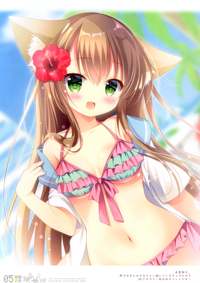 animal_ears bikini cleavage milk_bar nekomimi open_shirt seifuku shirogane_hina swimsuits