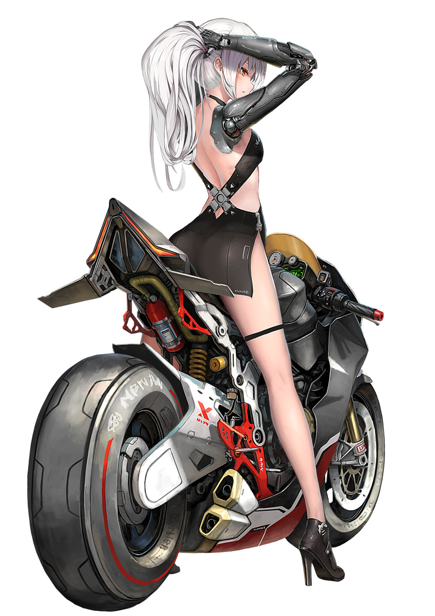 1girl absurdres ass backless_dress backless_outfit bangs breasts cyborg dress from_behind ground_vehicle high_heels highres looking_down mechanical_arm medium_breasts motor_vehicle motorcycle nihoshi_(bipedal_s) original prosthesis prosthetic_arm solo standing tying_hair vehicle_focus white_hair yellow_eyes