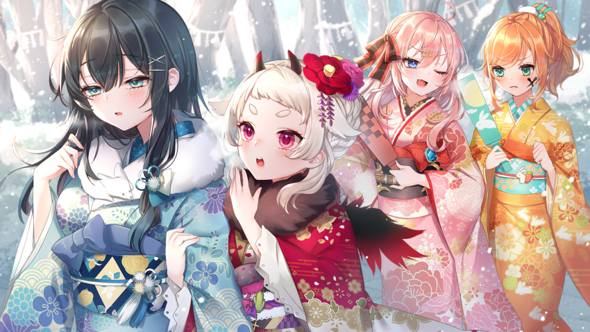 4girls ;d ahoge bangs black_hair blue_bow blue_eyes blue_kimono blurry blurry_background blush bow braid brown_hair commentary_request day depth_of_field eyebrows_visible_through_hair facepaint fang floral_print fur_collar furisode green_eyes hagoita hair_between_eyes half-closed_eyes hanetsuki holding japanese_clothes kannagi_miko_(pental) kimono long_hair long_sleeves melia_racoon multiple_girls neko-san_(dim.dream) new_year obi one_eye_closed open_mouth orange_kimono outdoors paddle parted_lips pental pink_hair pink_kimono ponytail print_kimono red_bow red_kimono sash silver_hair smile snow snowing tree umineko_sakuya usui_pomu virtual_youtuber wide_sleeves yellow_kimono