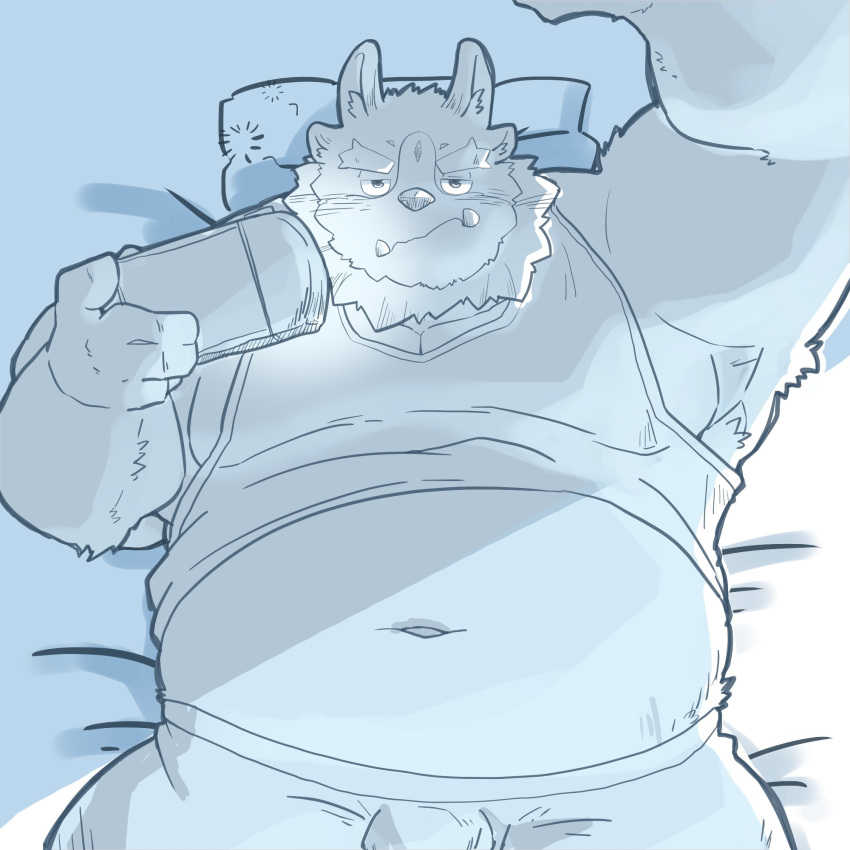 1:1 2021 anthro belly blush bulge clothing gaming hi_res humanoid_hands kemono lying male navel overweight overweight_anthro overweight_male pillow playing_videogame shirt solo tokyo_afterschool_summoners topwear tsathoggua underwear video_games yuuuki_desu