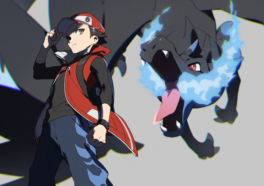 1boy badge baseball_cap black_shirt blue_fire blurry brown_eyes charizard clenched_hand closed_mouth coat dragon fire gen_1_pokemon grey_background hand_on_headwear hat highres male_focus mega_charizard_x mega_pokemon pants pokemon pokemon_(creature) pokemon_(game) pokemon_masters_ex popped_collar red_(pokemon) red_coat shirt short_hair sideways_glance xia_(ryugo)