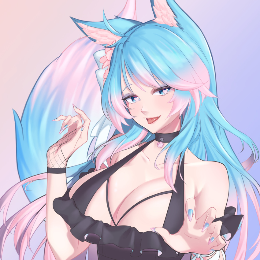 1girl absurdres animal_ears bangs bare_shoulders bikini blue_eyes blue_hair blue_nails breasts choker claw_pose cleavage fingerless_gloves fishnet_gloves fishnets flower gloves gradient_hair hair_flower hair_ornament halter_top halterneck heart heart-shaped_pupils highres large_breasts long_hair looking_at_viewer multicolored_hair multicolored_tail parted_bangs pink_flower pink_hair ribbon side-tie_bikini silvervale single_glove solo streaked_hair swimsuit symbol-shaped_pupils tail tinyen_wang tongue tongue_out virtual_youtuber vshojo wolf_ears wolf_girl wolf_tail
