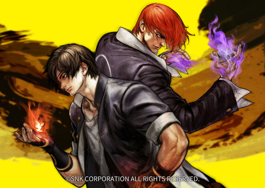 2boys back-to-back black_hair commentary english_commentary fingerless_gloves fingernails fire flaming_hand gakuran gloves hair_over_one_eye headband hiroaki_(kof) jacket kusanagi_kyou male_focus multiple_boys nose official_art omega_symbol open_clothes open_jacket purple_fire red_hair school_uniform sleeves_rolled_up snk the_king_of_fighters the_king_of_fighters_xv white_headband yagami_iori