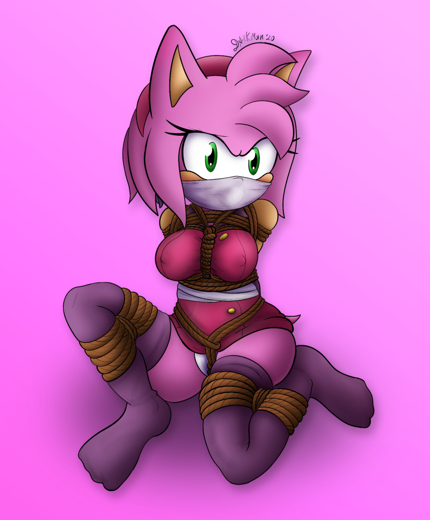 amy_rose anthro bdsm bondage bound clothing crotch_rope darkman-zero eulipotyphlan female frogtied gag hedgehog hi_res legs_tied legwear looking_at_viewer mammal nipple_outline panty_peek rope rope_bondage solo sonic_boom sonic_the_hedgehog_(series) stockings