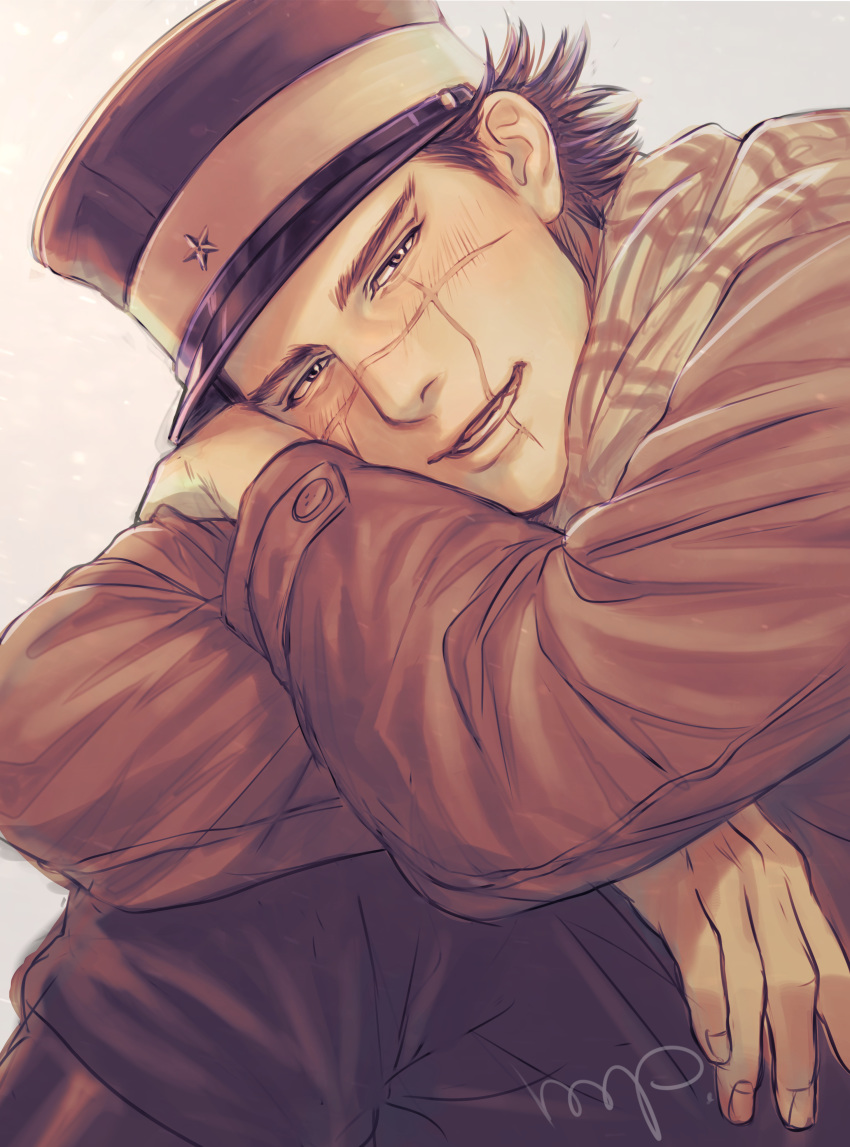 1boy absurdres black_hair blush brown_coat brown_hair brown_pants brown_scarf buttons coat eyebrows golden_kamuy grey_background grey_headwear hat highres imperial_japanese_army kepi long_sleeves looking_at_viewer male_focus military military_hat military_uniform mprichin pants parted_lips scar scar_on_cheek scar_on_face scar_on_mouth scar_on_nose scarf short_hair signature simple_background sitting smile solo spiked_hair star_(symbol) sugimoto_saichi two-tone_headwear uniform upper_body yellow_headwear