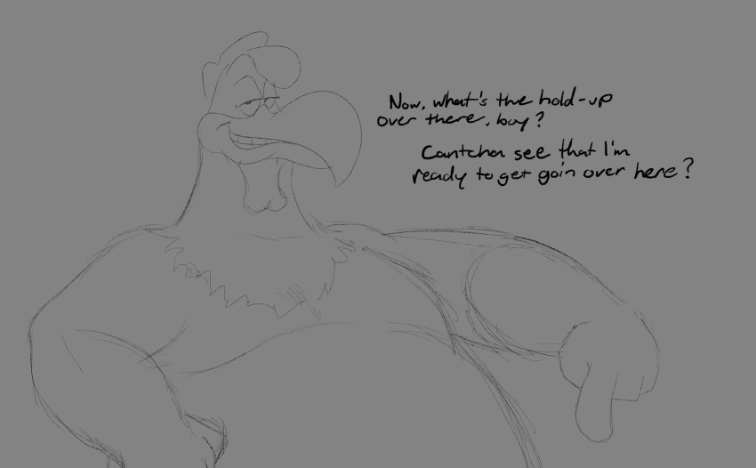 anthro avian avian_caruncle bastardpalace beak bird chicken chubby_male comb_(anatomy) dewlap_(anatomy) dialogue english_text foghorn_leghorn fur galliform gallus_(genus) gesture half-closed_eyes hand_on_stomach head_crest hi_res looking_at_viewer looney_tunes male monochrome narrowed_eyes phasianid pointing pointing_down sketch slightly_chubby smile smirk solo teeth text toothed_beak warner_brothers wattle