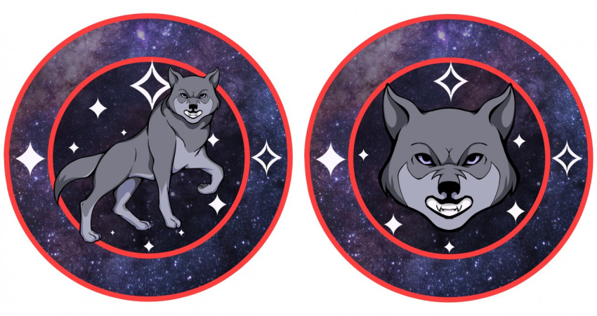2020 angry black_eyes canid canine canis cosmic_background eyebrows fangs feral fluffy fluffy_tail fur galaxy grey_body grey_fur heraldry logo looking_at_viewer male mammal pimpartist simple_background solo star star_trek teeth threatening traditional_media_(artwork) white_background wolf