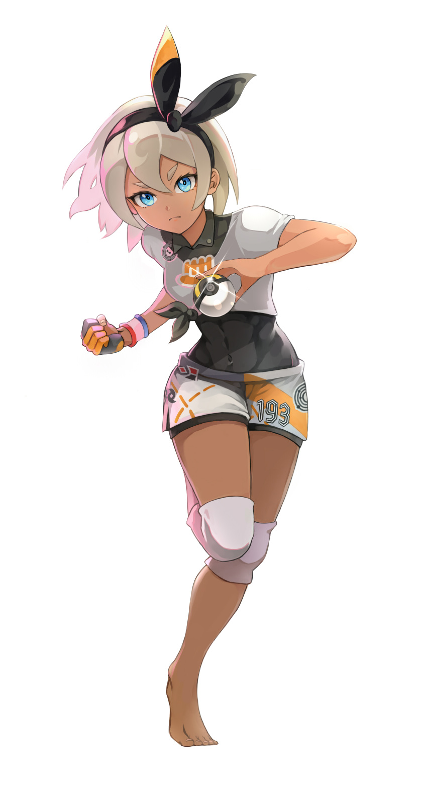 1girl absurdres bangs barefoot bea_(pokemon) black_bodysuit black_hairband bodysuit bodysuit_under_clothes bow_hairband clenched_hand closed_mouth collared_shirt commentary covered_navel dark_skin dark_skinned_female dynamax_band full_body glint gloves gym_leader hair_between_eyes hairband highres holding holding_poke_ball knee_pads looking_at_viewer number okken partially_fingerless_gloves poke_ball pokemon pokemon_(game) pokemon_swsh print_shirt print_shorts shirt short_sleeves shorts side_slit side_slit_shorts single_glove solo standing standing_on_one_leg tied_shirt toes ultra_ball