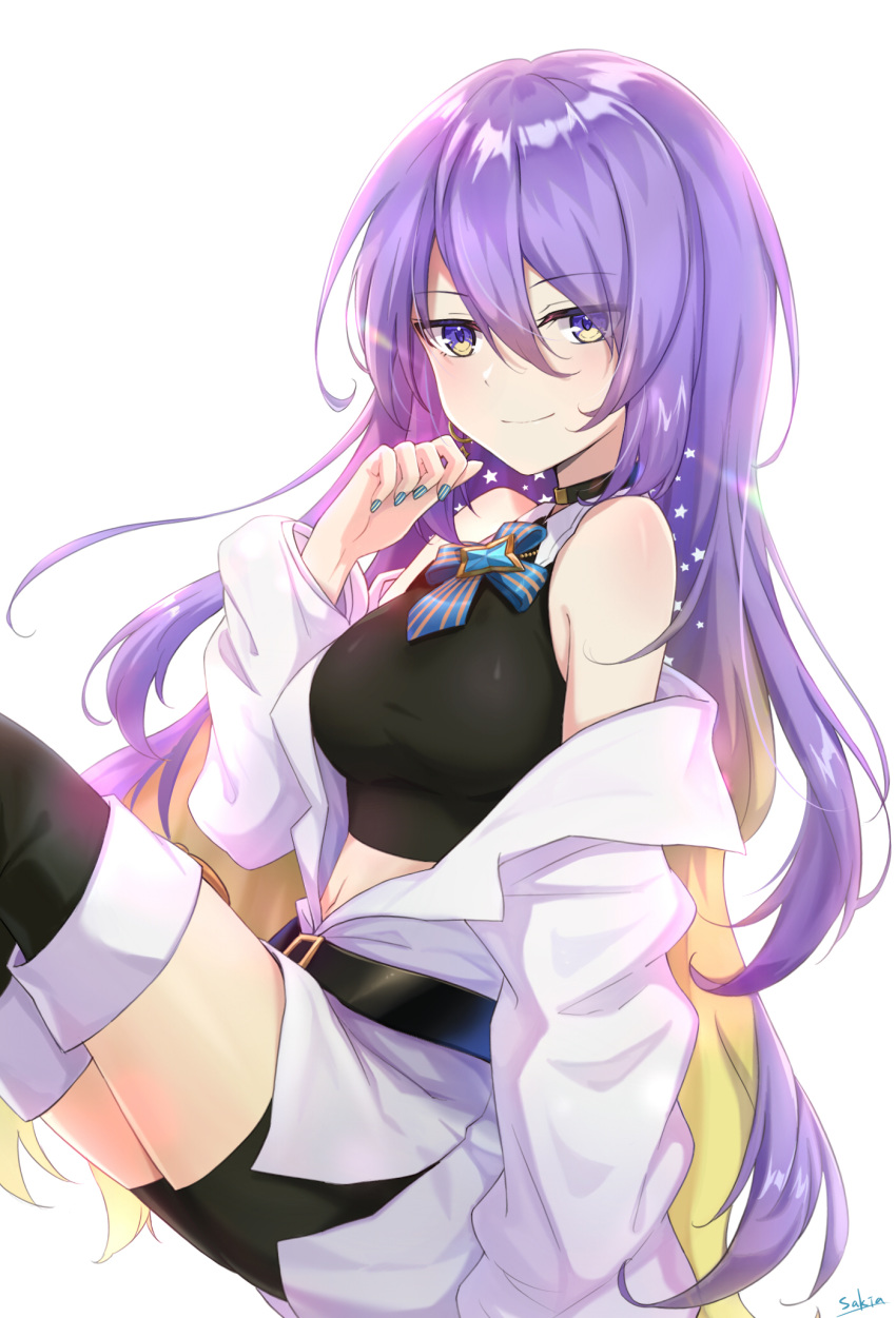 1girl belt boots breasts crop_top highres hololive hololive_indonesia long_hair midriff moona_hoshinova nail_polish purple_eyes purple_hair sakia shorts signature smile thigh_boots thighhighs virtual_youtuber white_background