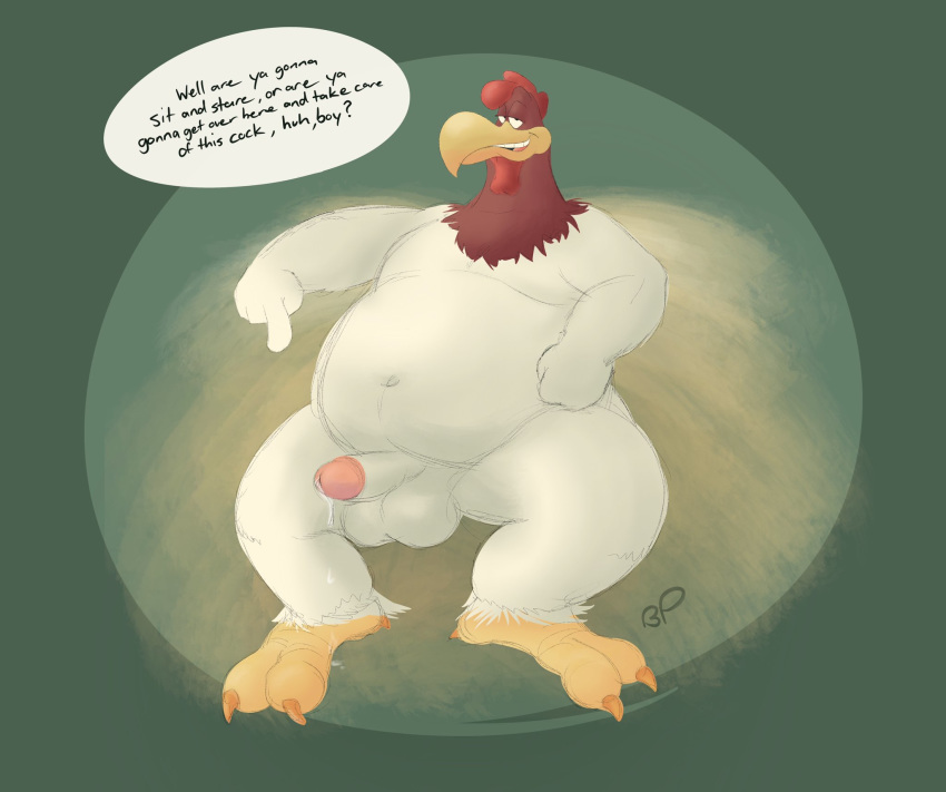 anthro avian avian_caruncle balls bastardpalace beak belly bird black_eyes bodily_fluids chicken chubby_male colored_sketch comb_(anatomy) cum_leaking dewlap_(anatomy) dialogue english_text erection foghorn_leghorn fur galliform gallus_(genus) genital_fluids genitals gesture half-closed_eyes hand_on_stomach head_crest hi_res humanoid_genitalia humanoid_penis looking_at_viewer looney_tunes male narrowed_eyes navel penis phasianid pointing pointing_at_penis pointing_down precum red_body red_fur slightly_chubby smile smirk solo speech_bubble talons teeth text thick_legs thick_thighs tongue toothed_beak warner_brothers wattle white_body white_fur white_sclerea yellow_beak yellow_feet