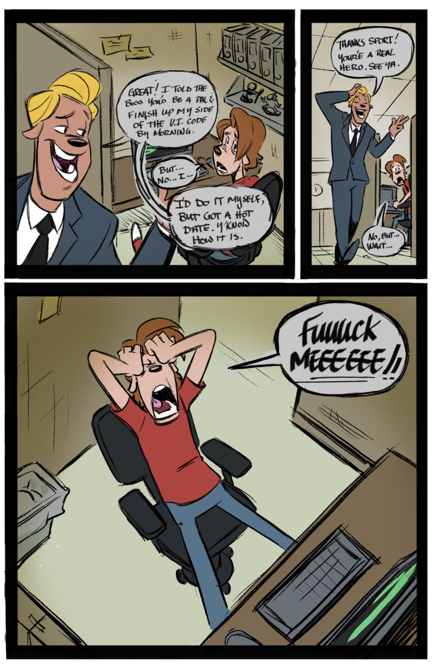 angry anthro blonde_hair bottomwear brown_hair business_suit canid canine canis chair clothed clothing comic dialogue domestic_dog duo english_text fully_clothed furniture hair hand_on_face hi_res male mammal office office_chair pants profanity screaming shirt sitting suit t-shirt text topwear trashbinpanda