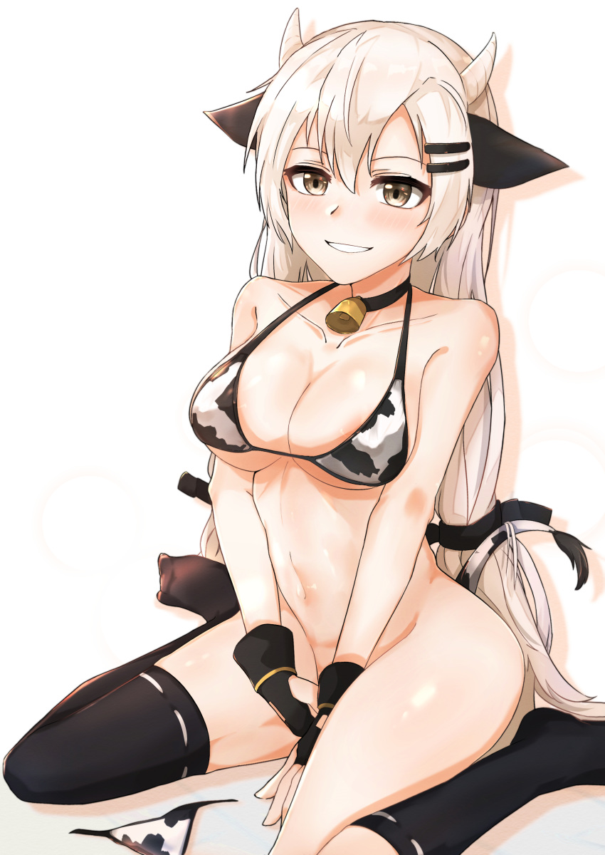 1girl absurdres animal_ears animal_print bikini bikini_bottom bikini_bottom_removed bikini_top black_gloves black_legwear bottomless cow_print fake_animal_ears fake_horns fingerless_gloves girls_frontline gloves grey_eyes grey_hair hair_ornament hairclip highres horns long_hair muteppona_hito navel print_bikini sitting solo svd_(girls_frontline) swimsuit thighhighs wariza white_bikini white_hair