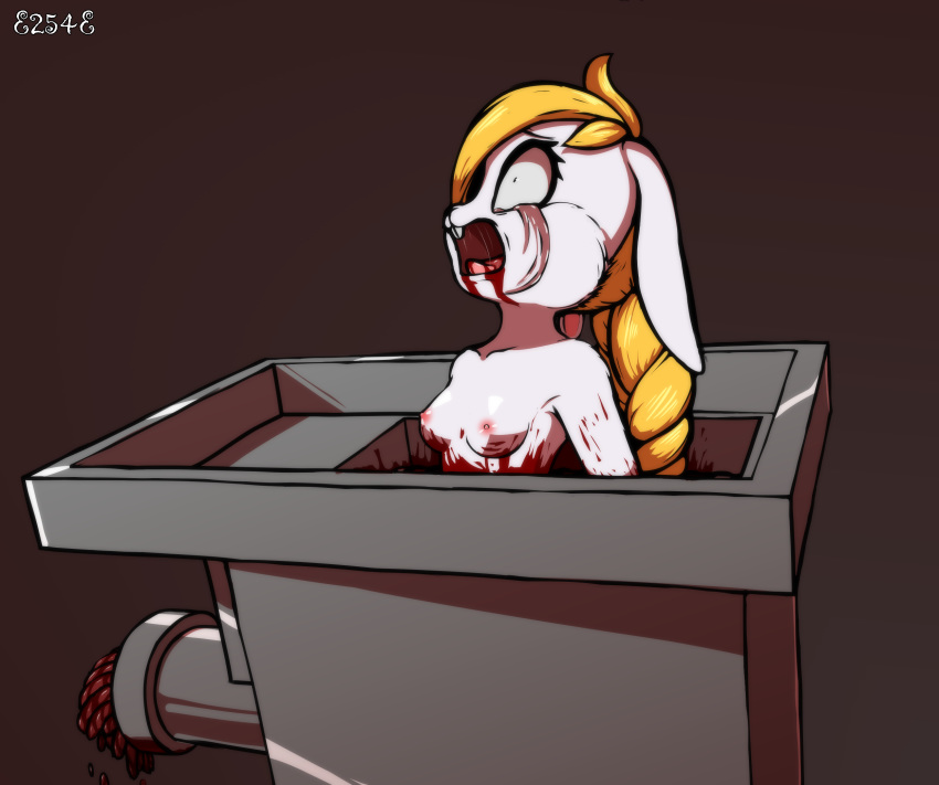 anthro blonde_hair blood bodily_fluids braided_hair breasts broodal death dying e254e female food fur gore grinder grinding hair hariet_(mario) hi_res imminent_death lagomorph leporid mammal mario_bros meat nintendo nipples nude open_mouth rabbit solo suffering super_mario_odyssey torture video_games white_body white_fur