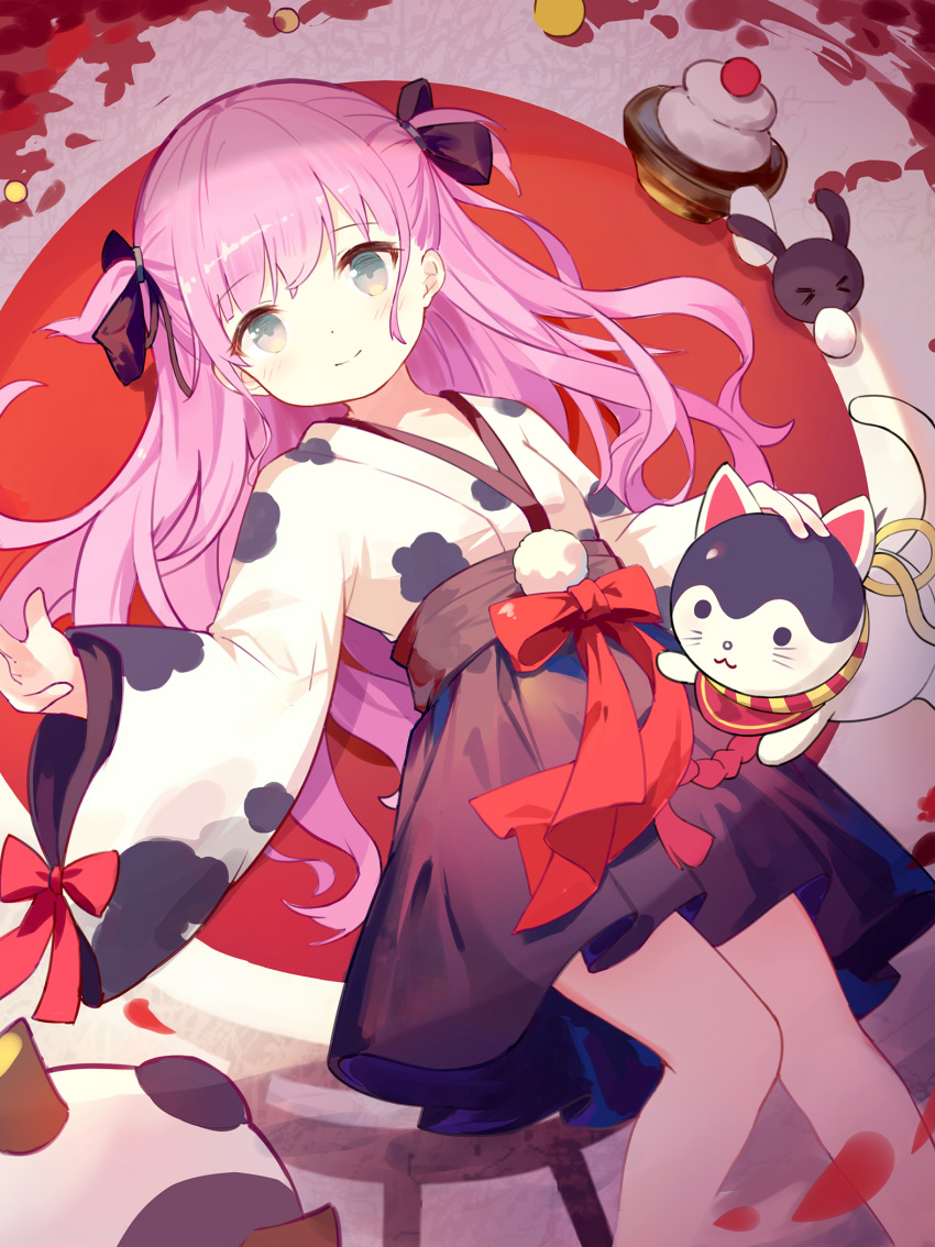 &gt;_&lt; 1girl animal animal_print black_bow black_hakama blush bow breasts bunny closed_eyes closed_mouth commentary_request cow_print dog feet_out_of_frame grey_eyes hair_bow hakama highres japanese_clothes kagami_mochi katou_umi kimono leilin long_hair long_sleeves looking_at_viewer lying on_back pink_hair print_kimono revision small_breasts smile solo summer_pockets two_side_up very_long_hair white_kimono wide_sleeves