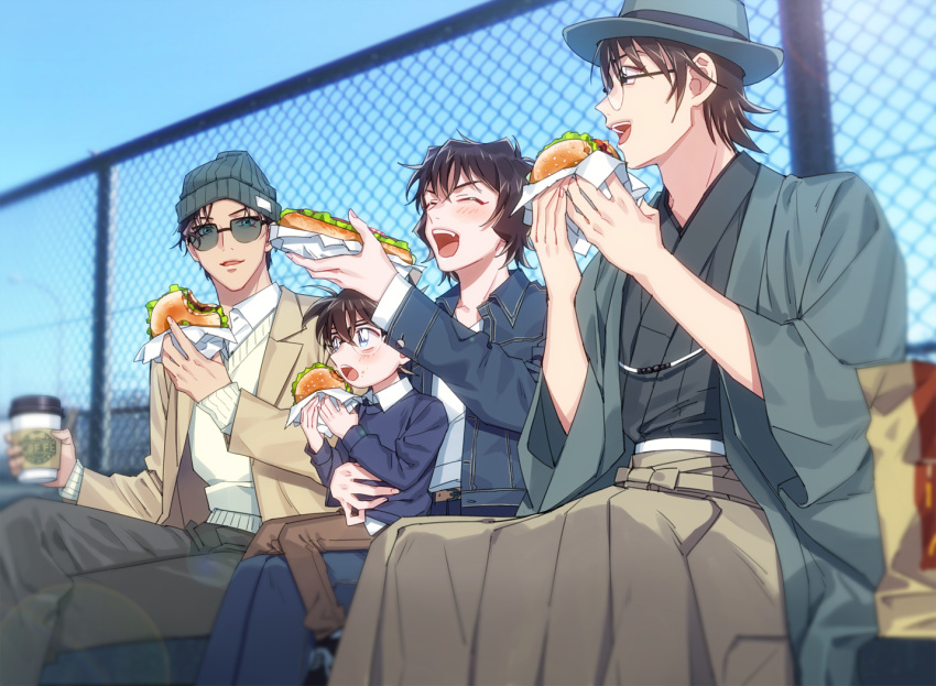 1girl 3boys :d ^_^ akai_shuuichi arm_around_waist beanie belt black_hair blue_eyes blue_jacket blue_pants blue_shirt blue_sky blurry blush brown_hair brown_pants cardigan casual chain-link_fence child closed_eyes coffee_cup collared_shirt commentary_request crossed_legs cup day depth_of_field disposable_cup eating edogawa_conan fast_food feet_out_of_frame fence food food_on_face glasses green_eyes green_headwear green_kimono grey_pants hakama hamburger haneda_shuukichi haori hat holding holding_cup holding_food hot_dog jacket japanese_clothes k_gear_labo kimono long_sleeves looking_at_another meitantei_conan multiple_boys open_clothes open_jacket open_mouth outdoors pants sera_masumi shirt short_hair sitting sky smile sunglasses upper_teeth white_cardigan white_shirt wide_sleeves