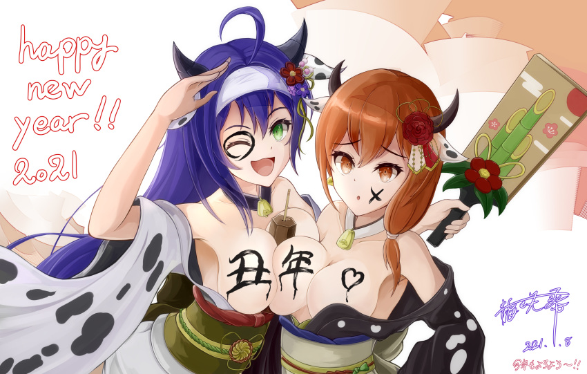2021 2girls :d :o ahoge animal_print asymmetrical_docking bare_shoulders blue_hair body_writing braid breast_press breasts breasts_outside chinese_zodiac convenient_censoring cow_print crown_braid dated facepaint fire_emblem fire_emblem:_three_houses flower food_between_breasts green_eyes hagoita hair_flower hair_ornament happy_new_year headband highres japanese_clothes kimono large_breasts leonie_pinelli long_hair looking_at_viewer mia_(fire_emblem) multiple_girls new_year obi off_shoulder omikuji one_eye_closed open_mouth orange_eyes orange_hair paddle print_kimono ryuusaki_rei sash smile white_headband wide_sleeves year_of_the_ox