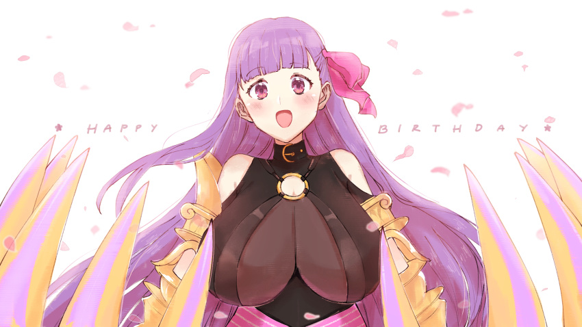 1girl bangs blunt_bangs blush bow breasts cleavage english_commentary eyebrows_visible_through_hair fate_(series) hair_behind_ear hair_bow happy_birthday highres huge_breasts looking_at_viewer mechanical_arms open_hands open_mouth passionlip petals pink_bow shoulders solo yuikannon