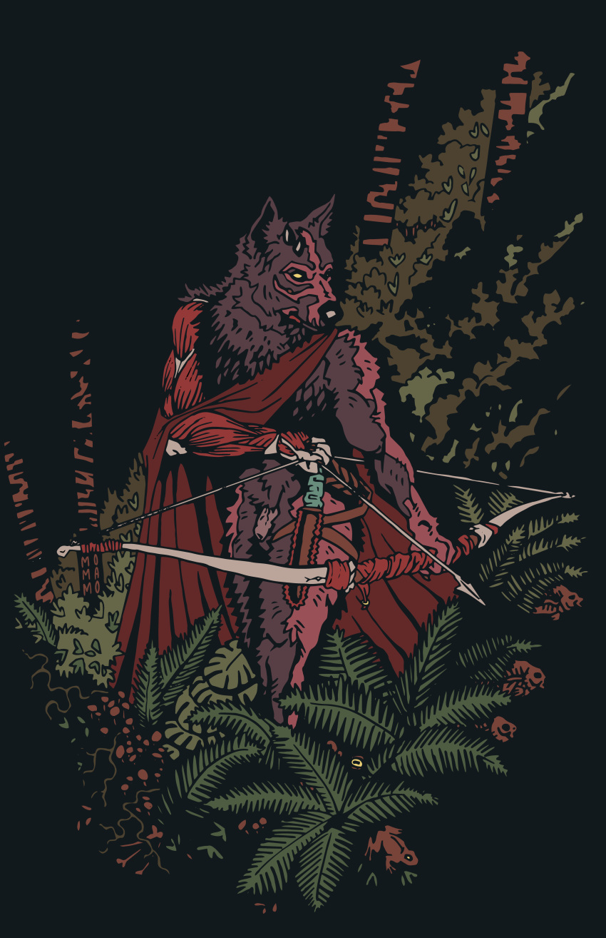 absurd_res anthro arrow balls biceps bow_(weapon) brown_body brown_fur canid canine canis cape citlaleztli cloak clothed clothing dagger digital_media_(artwork) flaccid foreskin forest fur genitals hi_res holding_object holding_weapon horn humanoid_genitalia humanoid_penis hunting knife male mammal melee_weapon momamo muscular muscular_anthro muscular_male outside partially_clothed penis plant ranged_weapon red_body red_clothing red_fur solo tree walking weapon wolf yellow_eyes