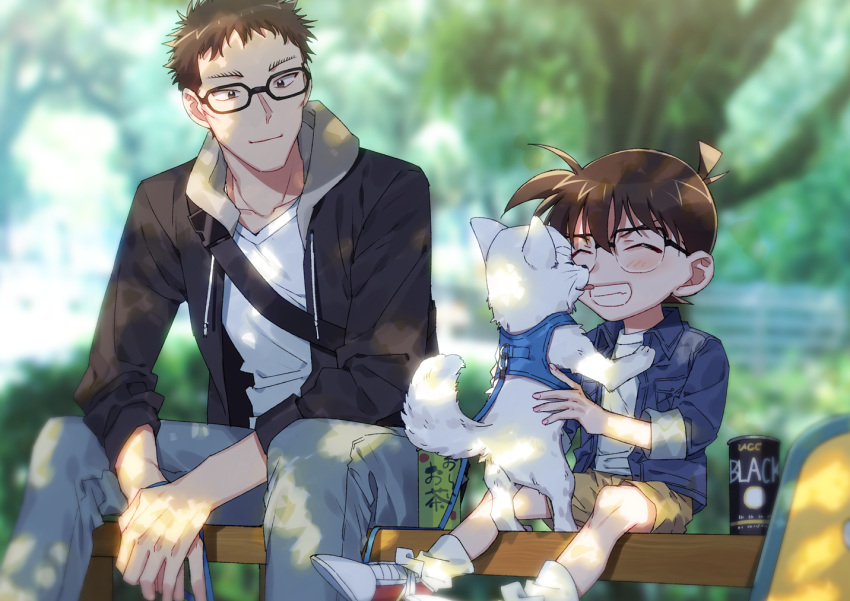 2boys ^_^ animal bangs blue_jacket blurry blurry_background blush brown_eyes brown_hoodie brown_shorts can casual child closed_eyes closed_mouth commentary_request day dog drawstring edogawa_conan glasses grey_pants grin hair_between_eyes harness holding holding_leash hood hood_down hoodie jacket k_gear_labo kazami_yuuya leash licking long_sleeves looking_at_another male_focus meitantei_conan multiple_boys open_clothes open_hoodie open_jacket outdoors pants shirt shoes short_hair shorts sitting skateboard smile sneakers socks teeth tongue tongue_out white_dog white_footwear white_legwear white_shirt