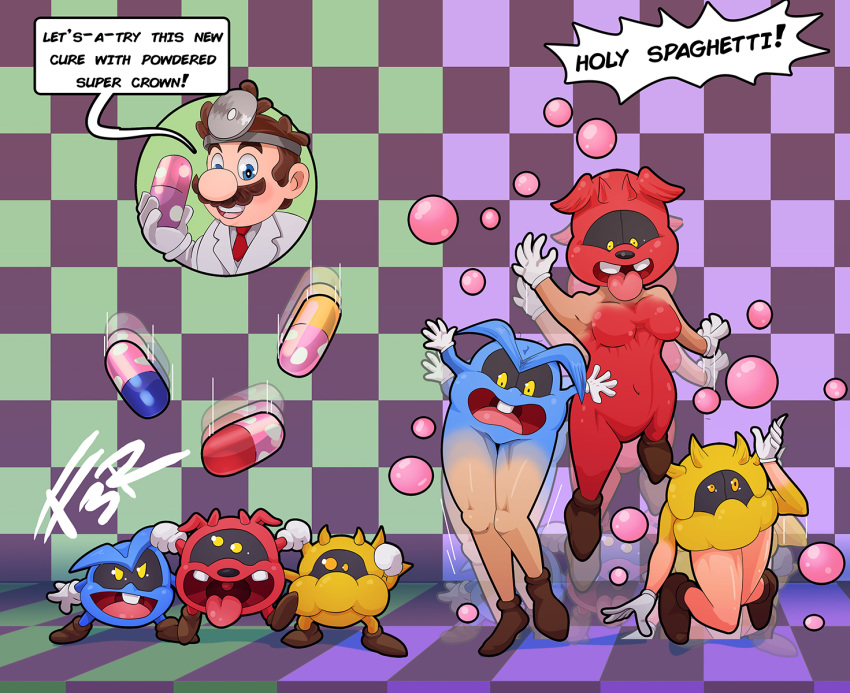 2021 before_and_after black_sclera blue_body breast_growth breasts chill_(dr._mario) clothing dialogue doctor doctor_mario dr._mario drugs ed-fokk3r english_text facial_hair female fever_(dr._mario) footwear gender_transformation gloves group growth handwear hi_res horn human humanoid male mammal mario mario_bros mustache navel necktie nintendo pills red_body shoes smile surprise text transformation video_games virus virus_(dr._mario) waddling_head weird_(dr._mario) white_clothing white_gloves yellow_body