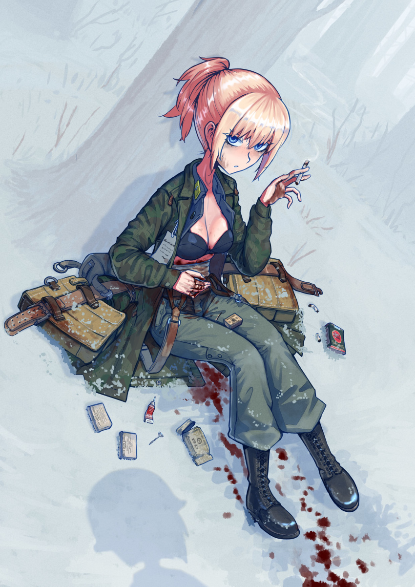 1girl absurdres against_tree ammunition_pouch bandages belt bleeding blood blood_on_snow boots bra breasts cigarette cleavage erica_(naze1940) fallschirmhelm fallschirmjager highres holding holding_cigarette injury military military_uniform open_clothes original pouch shadow sitting smoke smoking snow soldier tree underwear uniform world_war_ii