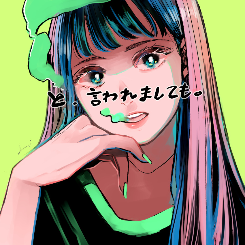 1girl absurdres aqua_eyes bangs black_hair black_shirt blue_hair green_nails green_smoke highres long_hair looking_at_viewer multicolored_hair open_mouth original pink_hair richard_(ri39p) shirt smoke solo upper_body