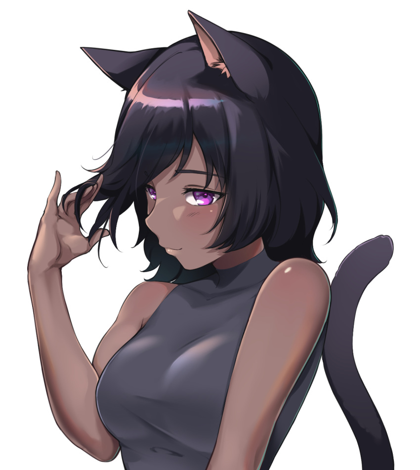 1girl animal_ear_fluff animal_ears bare_shoulders black_hair black_tail black_tank_top breasts cat_ears cat_girl cat_tail character_request copyright_request dark_skin dark_skinned_female eyebrows_visible_through_hair hand_in_hair highres medium_breasts medium_hair mofumancy purple_eyes solo tail tank_top white_background