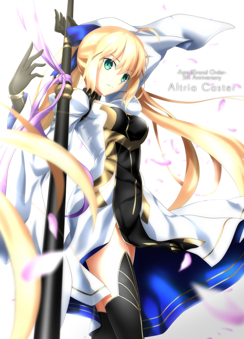 1girl absurdres artoria_pendragon_(all) artoria_pendragon_(caster) blonde_hair blue_ribbon breasts character_name elbow_gloves fate_(series) foo_(pixiv54892036) gloves green_eyes hair_between_eyes hair_ribbon highres long_hair looking_at_viewer medium_breasts petals ribbon solo staff thighhighs twitter_username very_long_hair white_background wide-eyed