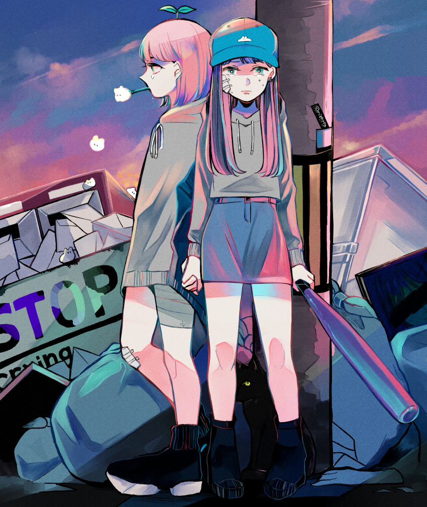 2girls absurdres baseball_bat baseball_cap black_footwear black_hair blue_skirt broken cigarette drawstring grey_hoodie hat highres holding holding_baseball_bat holding_hands hood hoodie huge_filesize long_hair medium_hair multicolored_hair multiple_girls original outdoors pink_hair profile richard_(ri39p) skirt smoking standing