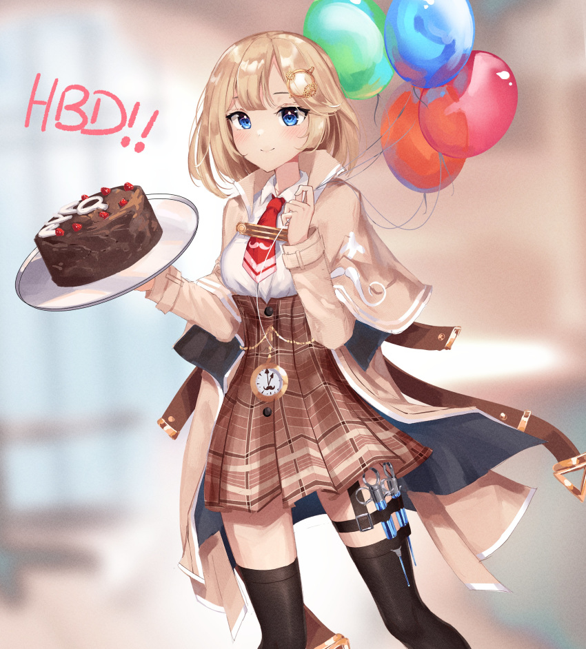 1girl absurdres balloon blonde_hair blue_eyes blurry blurry_background breasts cake capelet collared_shirt dayshiart english_commentary food happy_birthday high-waist_skirt highres holding holding_balloon holding_tray hololive hololive_english medium_breasts medium_hair pocket_watch shirt shirt_tucked_in skirt smile solo syringe thigh_strap thighhighs tray virtual_youtuber watch watson_amelia white_shirt