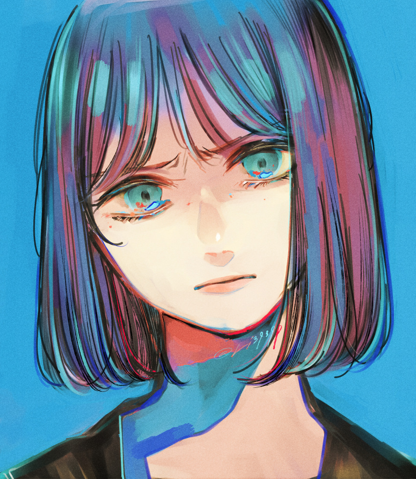 1girl aqua_eyes black_shirt blue_background blue_hair bob_cut highres looking_at_viewer original portrait purple_hair richard_(ri39p) shadow shirt short_hair simple_background solo