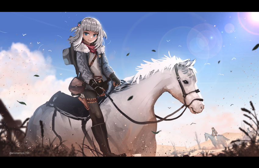 3girls adapted_costume anonamos bandana bandolier belt belt_pouch black_gloves blue_eyes blue_jacket blue_sky blurry blurry_foreground blush boots cactus character_request cloud cloudy_sky cowboy day depth_of_field desert dust fingerless_gloves flock fur-trimmed_jacket fur_trim gawr_gura gloves hat hat_on_back highres hololive hololive_english holstered_weapon horse horseback_riding jacket knee_boots leaves_in_wind lens_flare long_hair looking_at_viewer mountainous_horizon multiple_girls outdoors pouch red_dead_redemption reins revolver riding saguaro silver_hair skirt sky smile sun twitter_username two_side_up virtual_youtuber watson_amelia weeds western white_horse wind