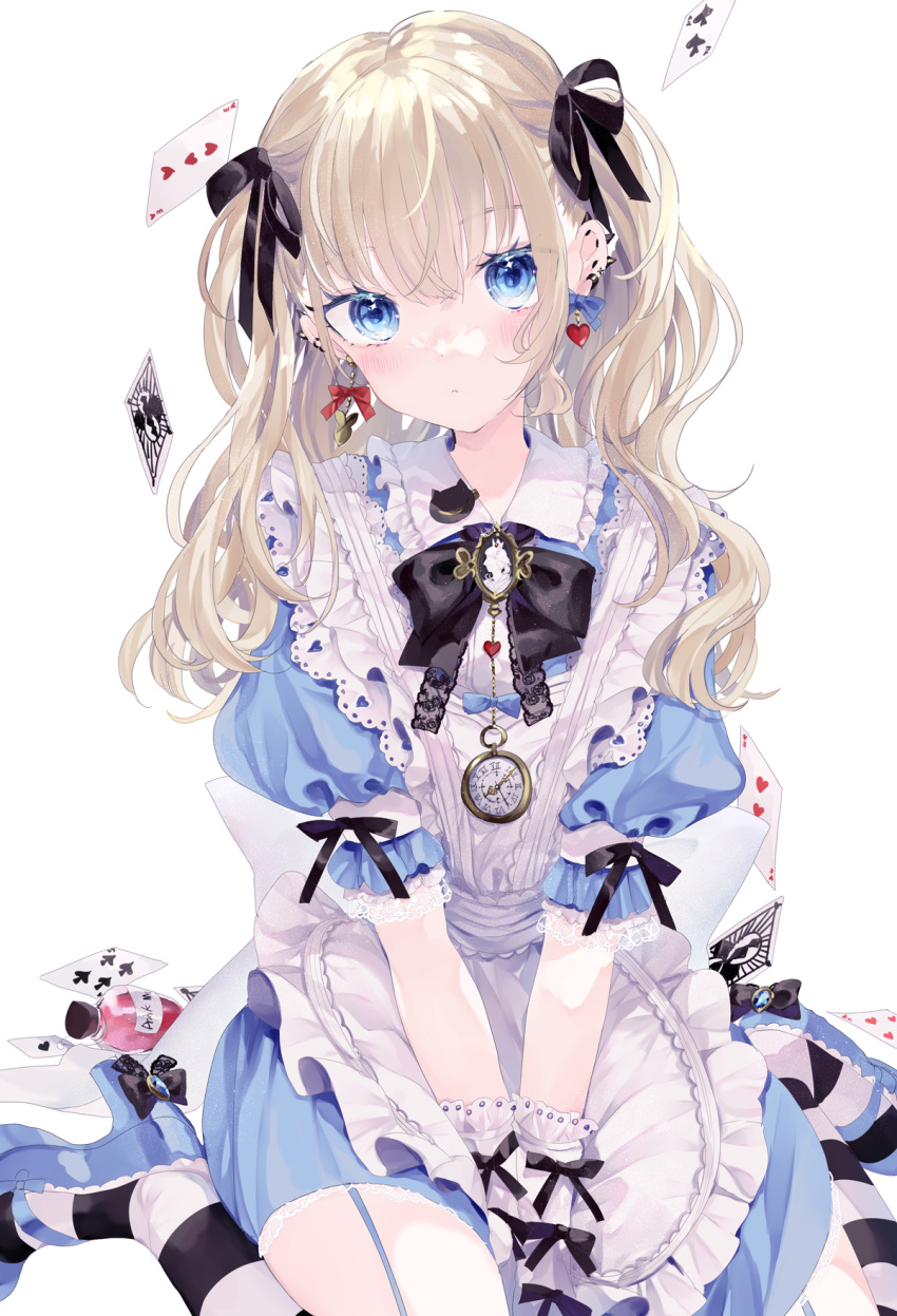 1girl alice_in_wonderland apron bangs between_legs black_bow black_legwear black_neckwear black_ribbon blonde_hair blue_dress blue_eyes blue_footwear blush bow bowtie brooch card closed_mouth commentary_request dress ear_piercing earrings eyebrows_visible_through_hair floating_card frilled_shirt_collar frills garter_straps hair_between_eyes hair_ribbon hand_between_legs heart heart_earrings high_heels highres jewelry looking_at_viewer original piercing playing_card puffy_short_sleeves puffy_sleeves remimim ribbon short_sleeves simple_background sitting solo striped striped_legwear thighhighs twintails v_arms wariza watch white_apron white_background white_legwear