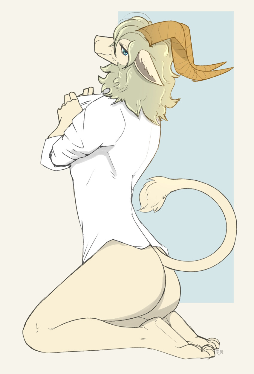 2021 absurd_res anthro beastars blue_eyes bottomless bovid butt caprine clothed clothing dall_sheep fur hair hi_res horn kneeling looking_back male mammal pina_(beastars) securipun sheep simple_background smile solo white_body white_fur white_hair