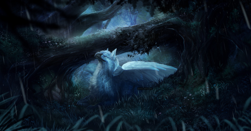 2021 ambiguous_gender avian detailed_background digital_media_(artwork) feathered_wings feathers feral forest grass gryphon hi_res isvoc mythological_avian mythology night outside plant solo tree white_body white_feathers wings