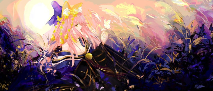 1girl animal_ear_fluff animal_ears artist_request bell blue_kimono blue_ribbon breasts bug butterfly cleavage crown fate/grand_order fate_(series) fox_ears fox_girl fox_tail hair_ribbon insect japanese_clothes kimono large_breasts long_hair looking_away nature off_shoulder outdoors pink_hair ribbon solo tail tamamo_(fate)_(all) tamamo_no_mae_(fate) very_long_hair yellow_eyes