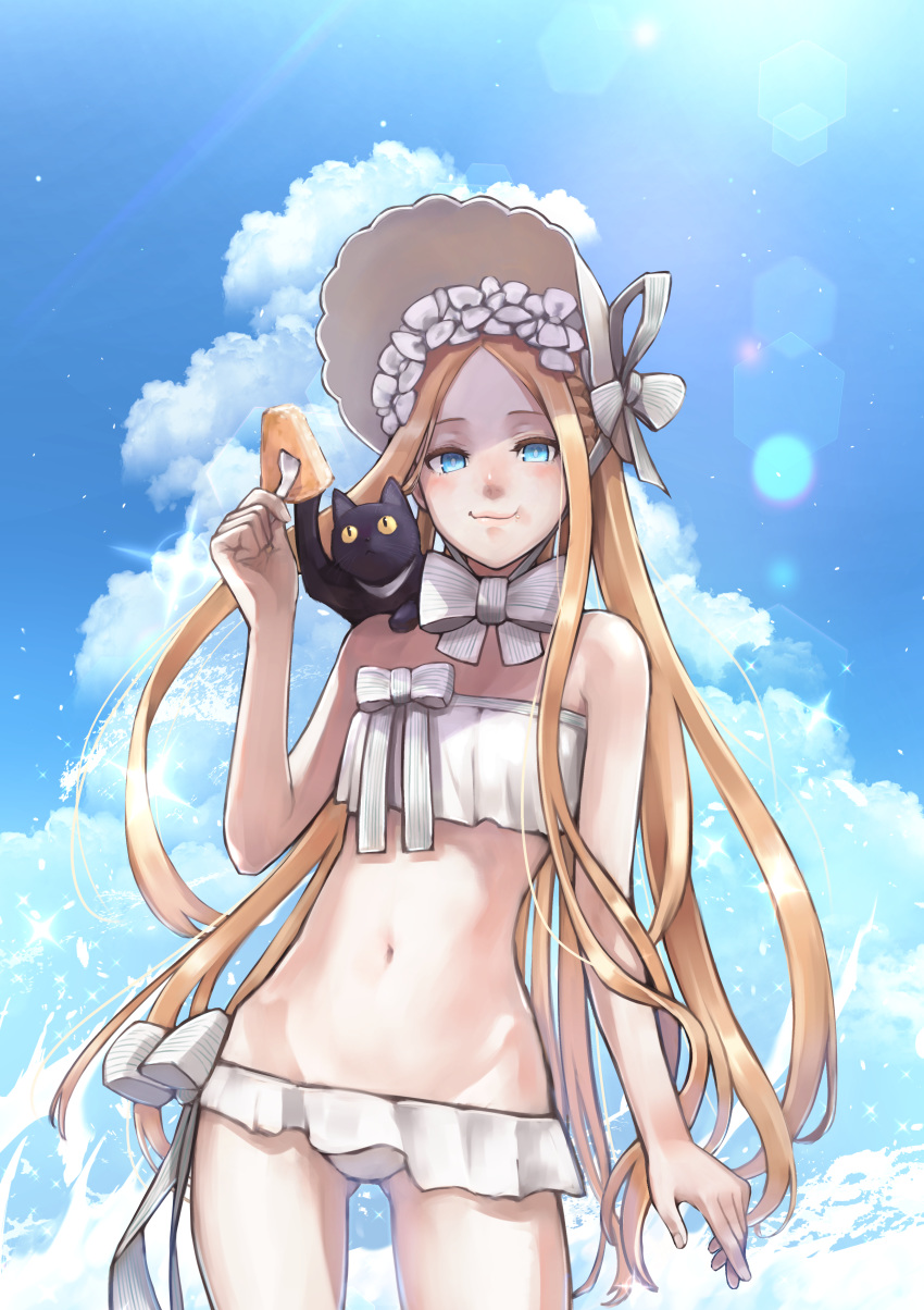 1girl abigail_williams_(fate/grand_order) abigail_williams_(swimsuit_foreigner)_(fate) absurdres animal animal_on_shoulder bangs black_cat blonde_hair blue_sky bonnet bow cat cat_on_shoulder commentary_request day dress_swimsuit fate/grand_order fate_(series) flat_chest flower forehead groin hair_flower hair_ornament highres huge_filesize lens_flare long_hair lowleg_swimsuit navel parted_bangs playing_with_another's_hair ribbon sky solo strapless swimsuit tubetop uso_ashio white_bow white_headwear white_ribbon white_swimsuit