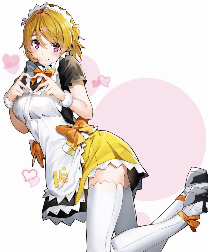 1girl blonde_hair bow bowtie brown_hair closed_mouth commentary_request eyebrows_visible_through_hair heart heart-shaped_pupils heart_hands highres koizumi_hanayo looking_at_viewer love_live! love_live!_school_idol_project maid maid_headdress mogyutto_"love"_de_sekkin_chuu! nakano_maru orange_neckwear pink_eyes short_hair smile solo symbol-shaped_pupils thighhighs thighs white_background white_legwear