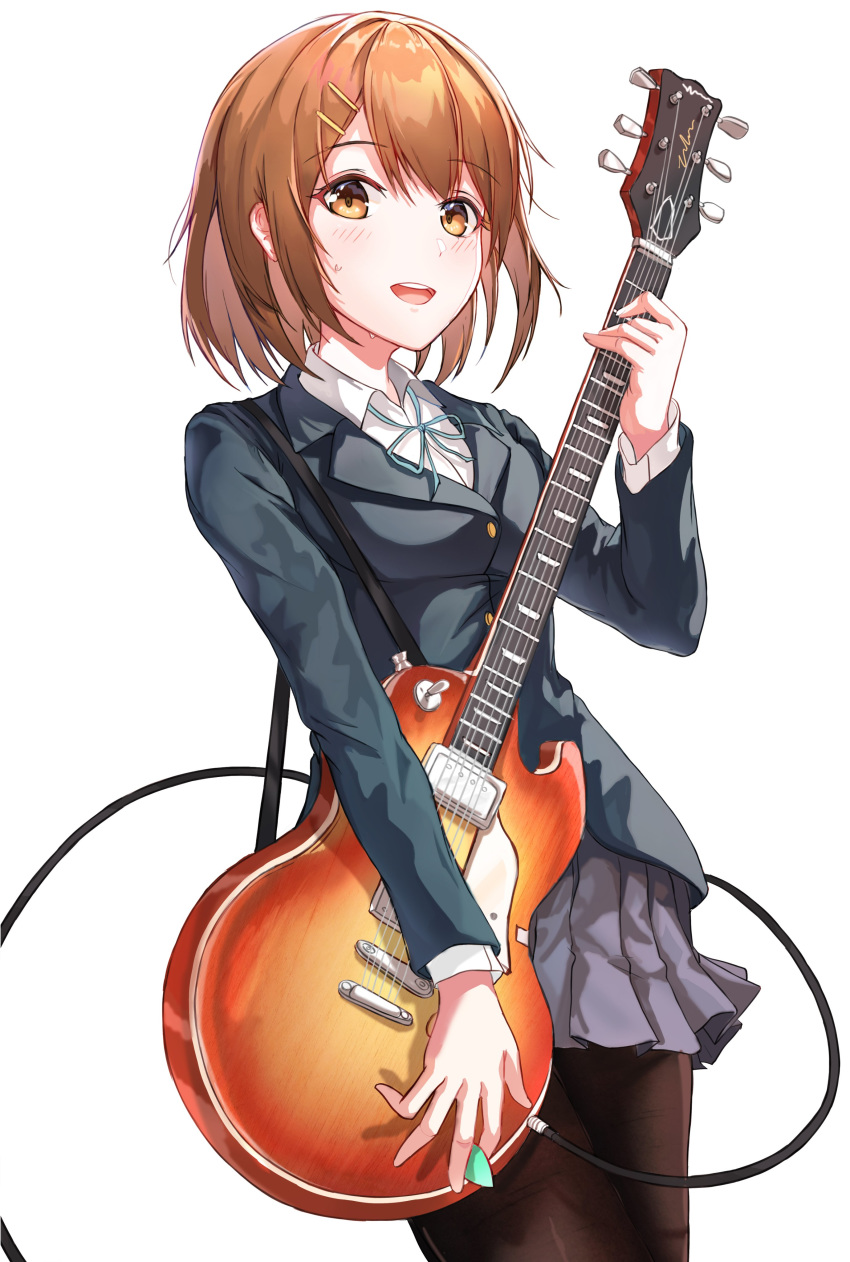 1girl absurdres black_legwear blazer blue_neckwear blue_skirt blush brown_eyes brown_hair collared_shirt electric_guitar guitar highres hirasawa_yui holding holding_instrument instrument jacket k-on! les_paul long_sleeves looking_at_viewer necktie neon_(hhs9444) open_mouth pantyhose pleated_skirt plectrum sakuragaoka_high_school_uniform school_uniform shirt short_hair skirt smile solo standing uniform white_background white_shirt