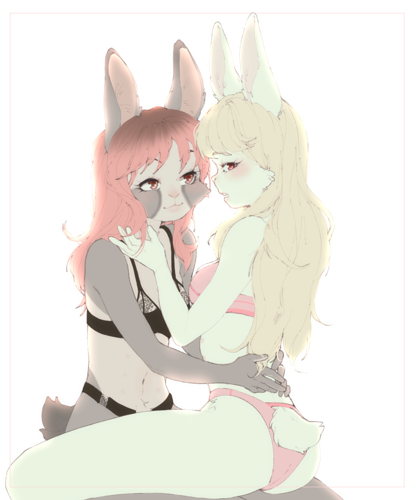 anthro bangs blonde_hair bra butt clothing cuddling domestic_rabbit duo dutch_rabbit dwarf_rabbit female female/female flustered hair hi_res lagomorph leporid lingerie long_hair looking_at_viewer maeve_(lewdshiba) mammal netherland_dwarf_rabbit nub_tail on_lap oryctolagus panties pekuza041 pink_eyes pink_hair rabbit salt_(bunniecope) shy sitting_on_lap slim smile smirk underwear white_body