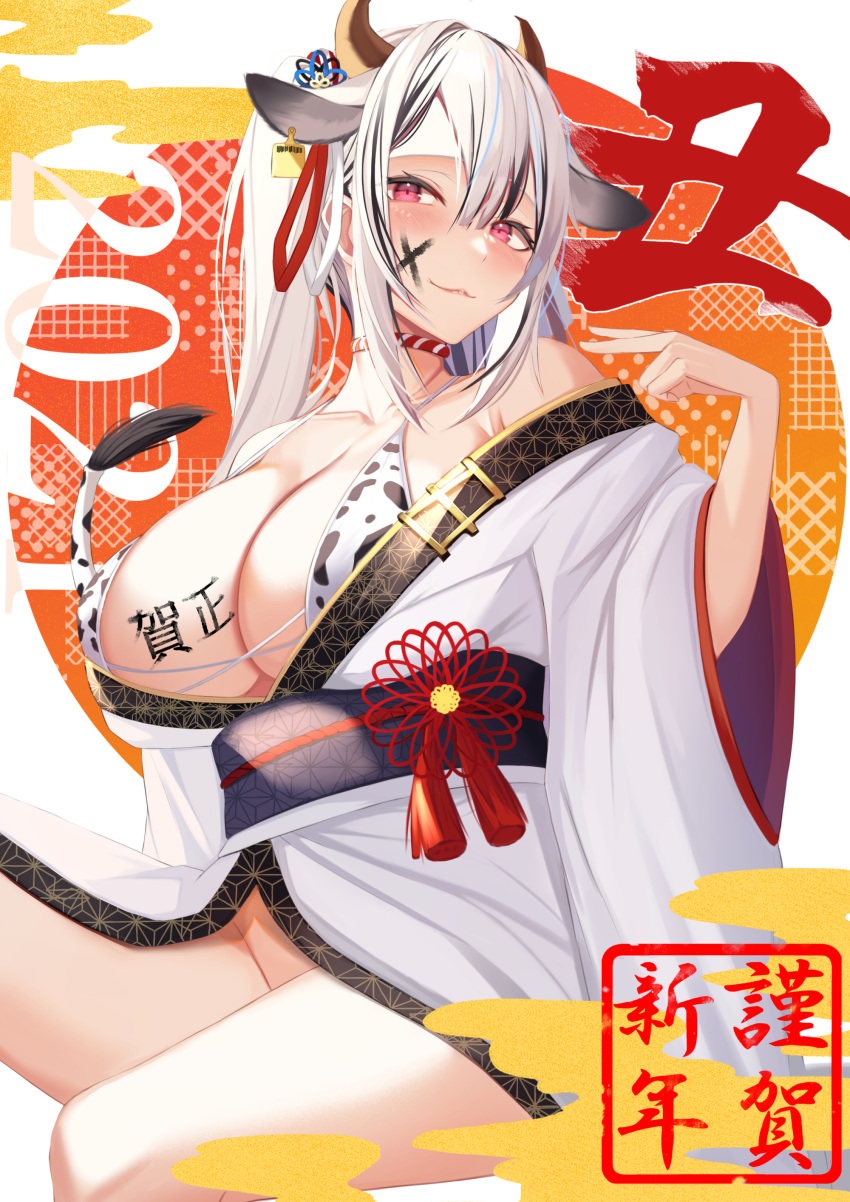 1girl 2021 :3 absurdres animal_ears animal_print bare_shoulders bikini bikini_under_clothes black_hair blue_hair blush body_writing breasts chinese_zodiac cleavage closed_mouth commentary_request cow_ears cow_girl cow_horns cow_print facepaint flower_knot highres horns japanese_clothes kazuha_(saku_kn) kimono large_breasts long_hair long_sleeves multicolored_hair new_year no_panties obi off_shoulder open_clothes open_kimono original print_bikini sash silver_hair sitting smile solo streaked_hair striped_choker swimsuit tassel translation_request twintails v wide_sleeves year_of_the_ox