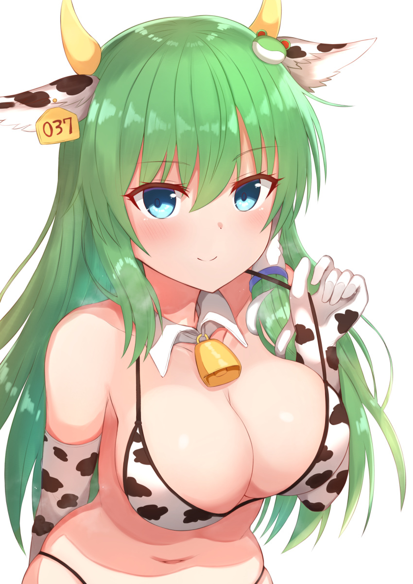 animal_ears animal_print arm_behind_back bangs bell bikini blue_eyes bra breasts cleavage closed_mouth cow_ears cow_horns cow_print detached_collar ear_tag elbow_gloves eyebrows_visible_through_hair fake_animal_ears gloves green_hair hair_between_eyes highres holding holding_bra holding_clothes holding_underwear horns kochiya_sanae large_breasts long_hair looking_at_viewer navel simple_background smile solo standing swimsuit tksand touhou underwear upper_body white_background