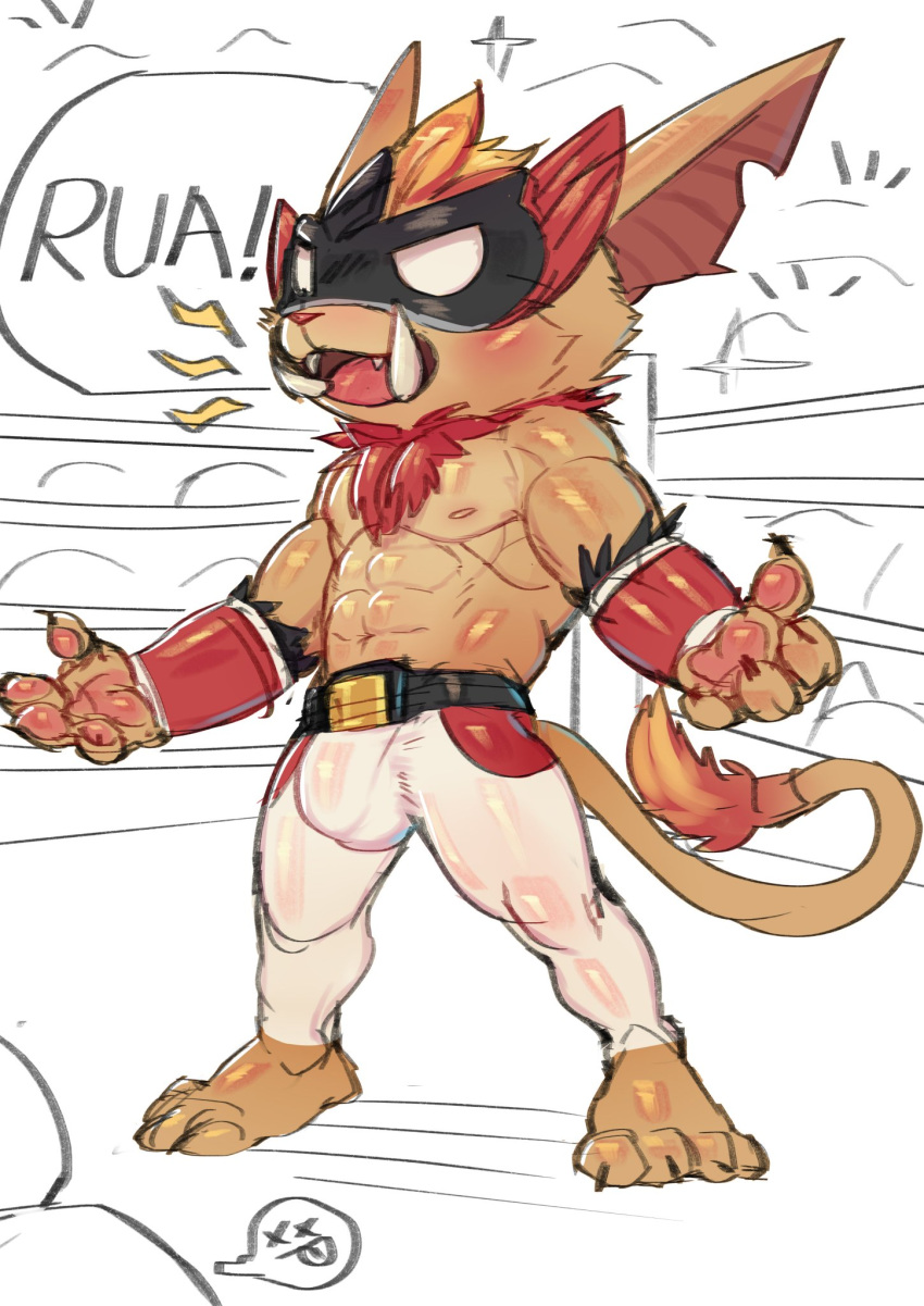 anthro bulge clothing cydonia_xia fur genital_outline gnar_(lol) hi_res league_of_legends male mammal mask muscular muscular_anthro muscular_male nipples open_mouth penis_outline riot_games simple_background solo solo_focus text tongue video_games yordle
