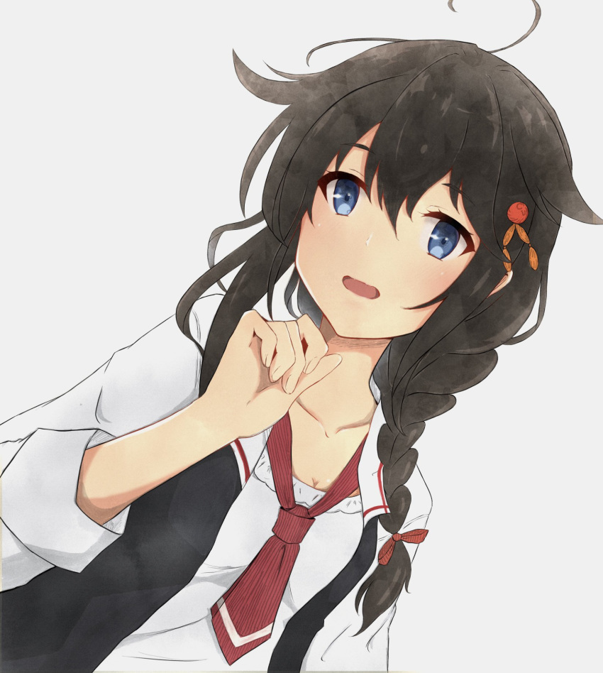 1girl ahoge black_hair black_vest blouse blue_eyes braid hair_flaps hair_ornament hair_over_shoulder highres kantai_collection kure_jirou long_sleeves necktie official_alternate_costume open_mouth red_neckwear remodel_(kantai_collection) shigure_(kantai_collection) simple_background single_braid solo upper_body vest white_background white_blouse